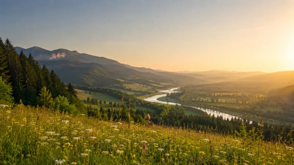 savegaia.fr avec paysage naturel de vallée, prairie fleurie et lumière dorée pour sensibiliser à la protection de la nature