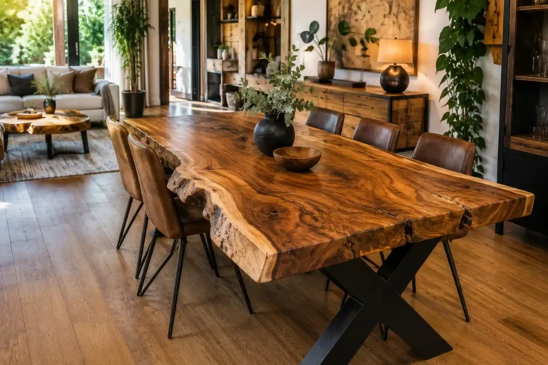 Table en tronc d'arbre avec plateau en bois massif à bord naturel et pieds métal noir dans un intérieur chaleureux