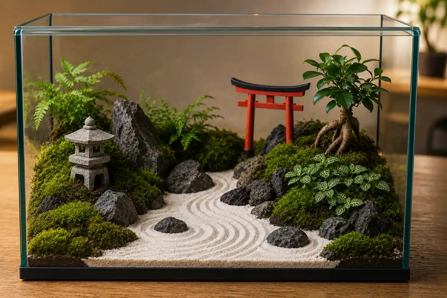 Aquarium transformé en jardin japonais miniature avec sable ratissé, mousse, roches naturelles et décor zen en intérieur