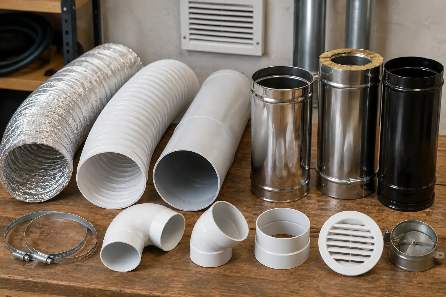 Tuyau 150 mm avec différents conduits de ventilation, gaines souples, raccords PVC et conduits métalliques pour hotte, VMC et fumisterie
