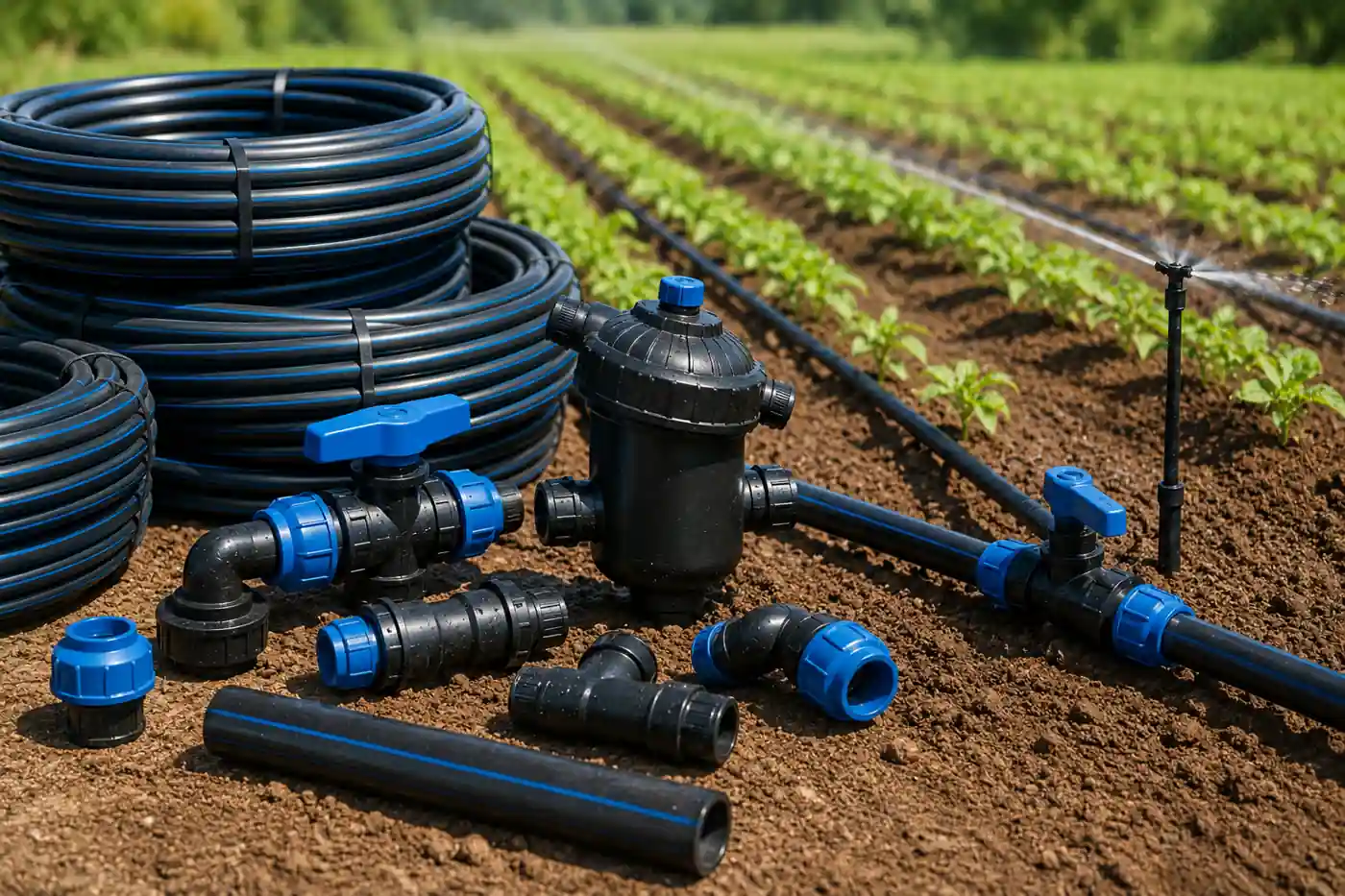 Tuyaux d’irrigation agricole, raccords et filtre installés dans un champ cultivé avec système d’arrosage en fonctionnement au premier plan.