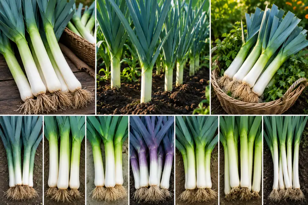 Différentes variétés de poireaux fraîchement récoltés dans un potager en pleine saison avec feuillages verts et fûts blancs