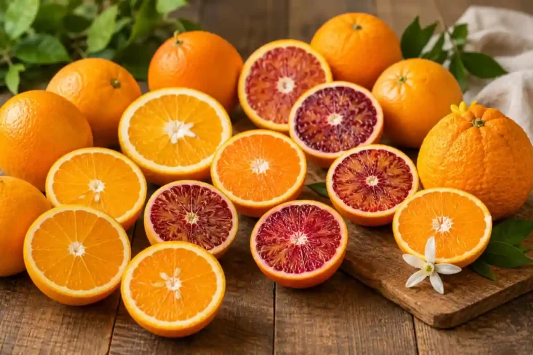 Différentes variétés d’oranges de table, à jus et sanguines présentées sur une table en bois avec fruits entiers et coupés