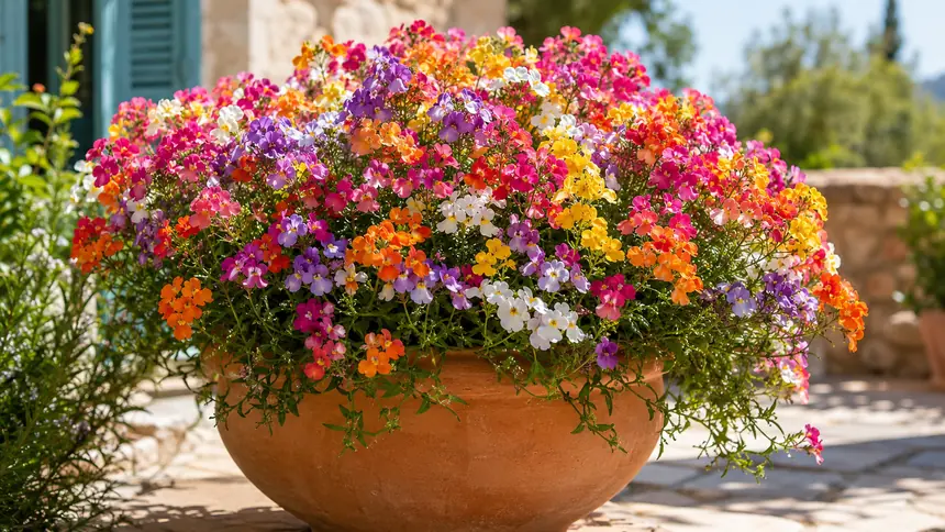Nemesia Sunsatia en pot avec une floraison abondante et colorée sur une terrasse ensoleillée