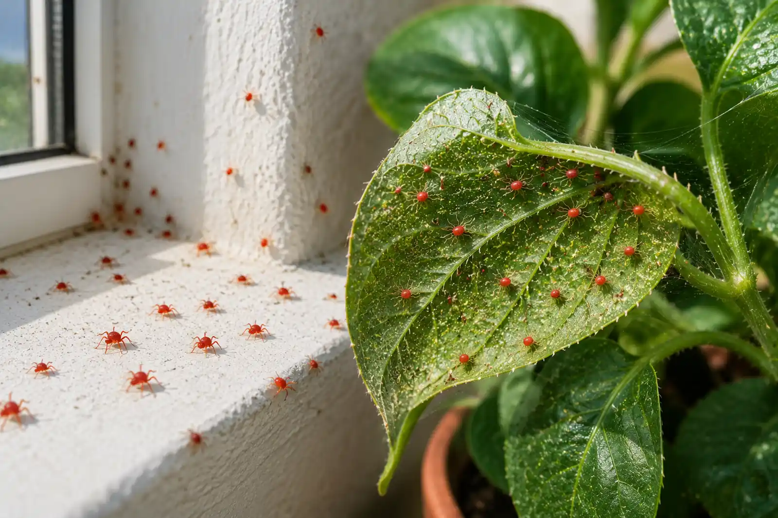 Araignée rouge maison avec de petits acariens rouges sur un rebord de fenêtre et sous une feuille de plante d'intérieur montrant une infestation de tétranyques.