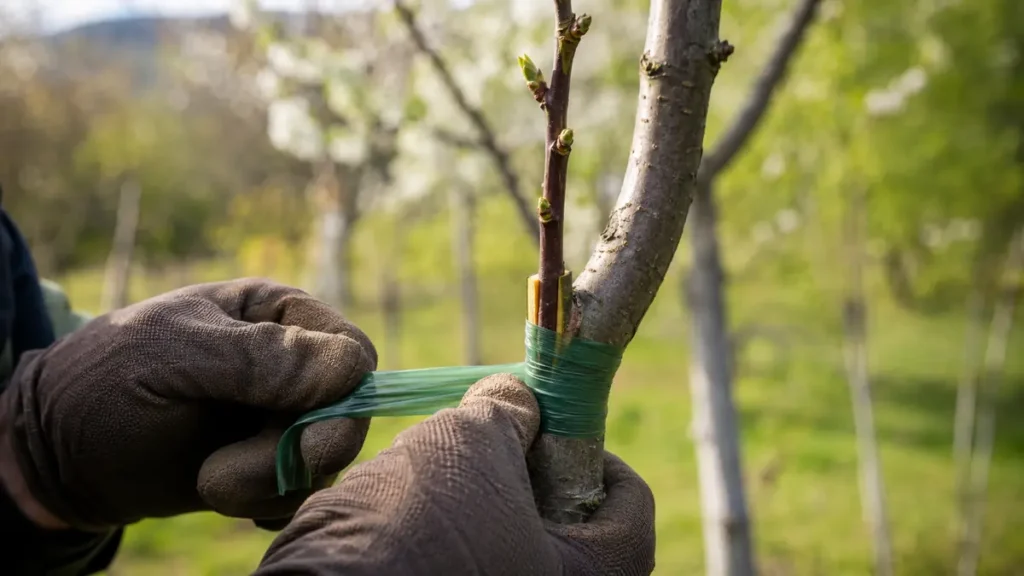 Arbre fruitier greffe avec un greffon inséré sur un porte-greffe et maintenu par un ruban de greffage