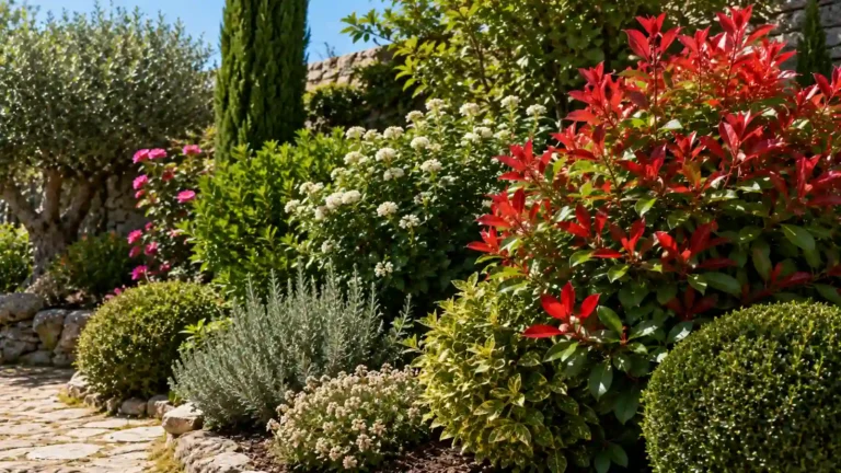 Arbustes persistants variés dans un jardin ensoleillé avec feuillages verts, rouges et panachés pour comparer différentes variétés adaptées aux haies et massifs.
