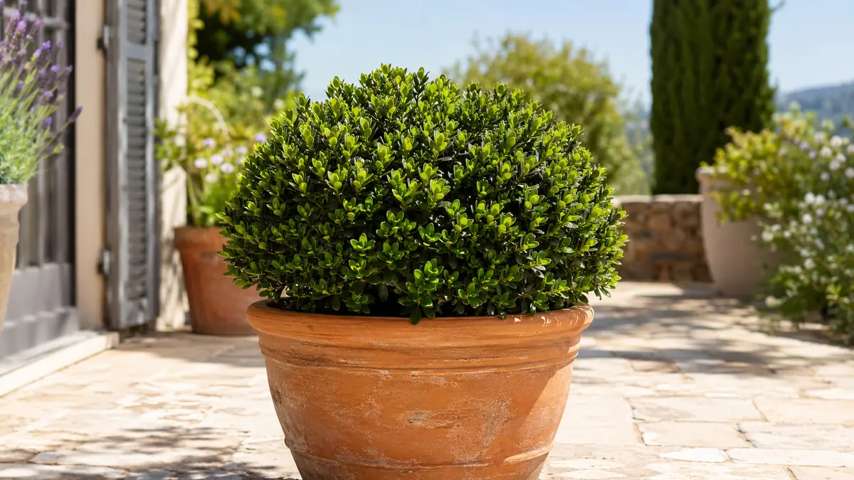 Arbuste persistant de petite taille en plein soleil dans un pot sur une terrasse lumineuse