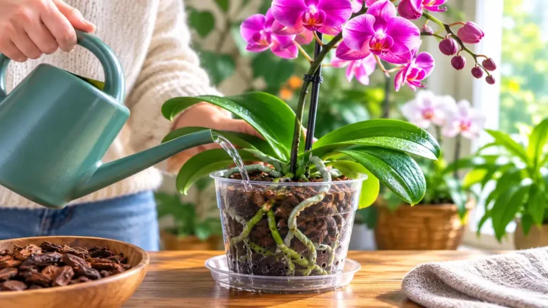 Personne arrosant une orchidée Phalaenopsis en pot transparent près d’une fenêtre lumineuse