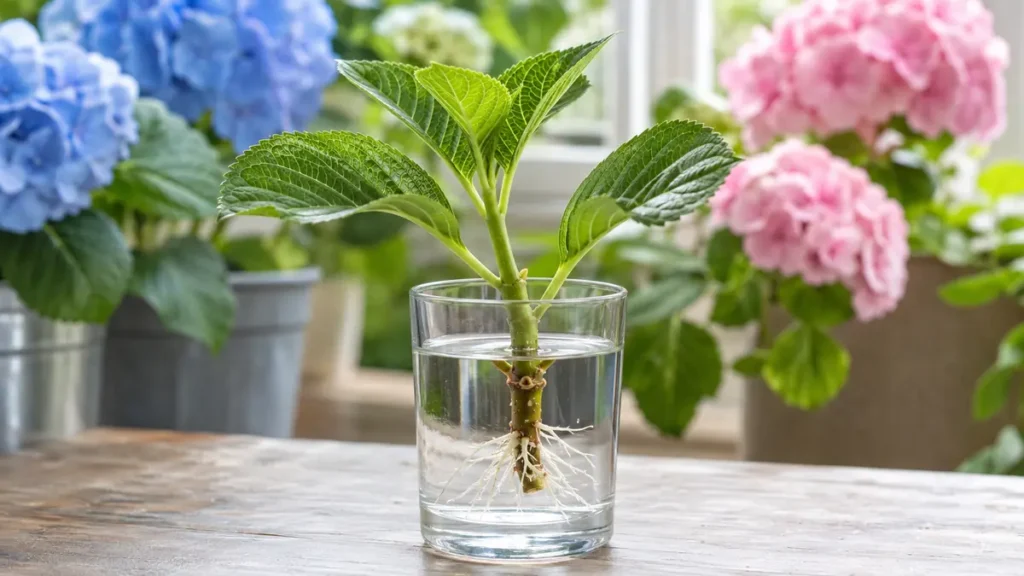 Bouturage hortensias dans l'eau avec une tige enracinée dans un verre transparent en lumière naturelle