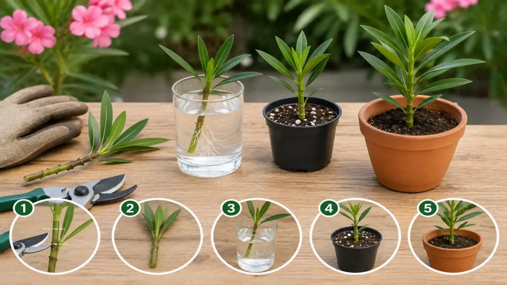 Bouture de laurier-rose enracinée dans un verre d’eau avec jeune plant en pot, gants de jardinage et sécateur sur une table en bois.