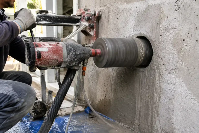 Carottage d'un mur en béton avec une carotteuse équipée d'une couronne diamantée pour réaliser un perçage de gros diamètre destiné à une VMC, une climatisation ou une évacuation.