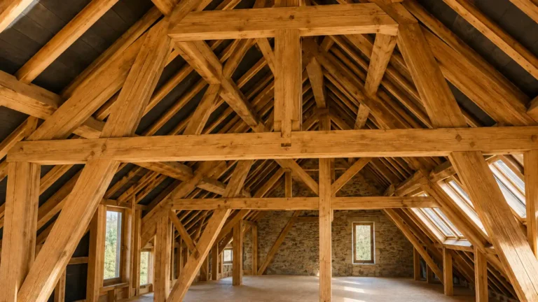 Charpente traditionnelle en bois massif avec fermes, poutres et assemblages apparents dans des combles spacieux