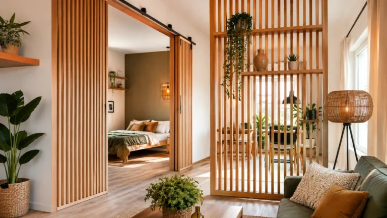 Cloison en bois à tasseaux séparant un salon lumineux d’un espace chambre dans un intérieur moderne