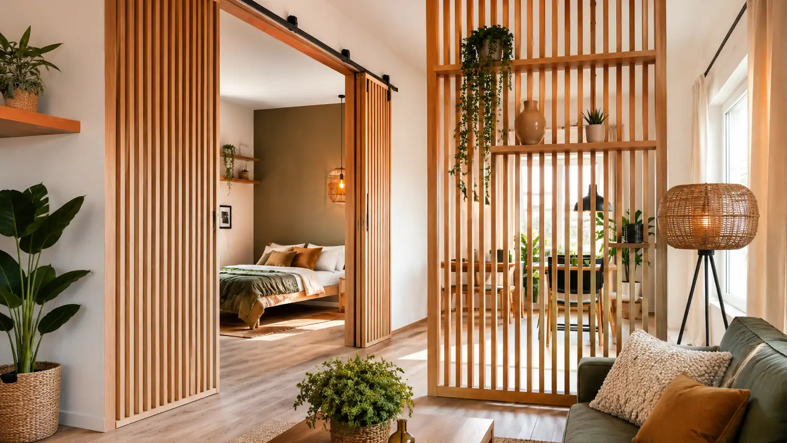 Cloison en bois à tasseaux séparant un salon lumineux d’un espace chambre dans un intérieur moderne