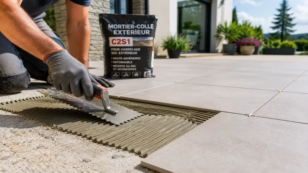 Pose de carrelage extérieur sur une terrasse avec application d’un mortier-colle à l’aide d’une spatule crantée avant la mise en place des carreaux.