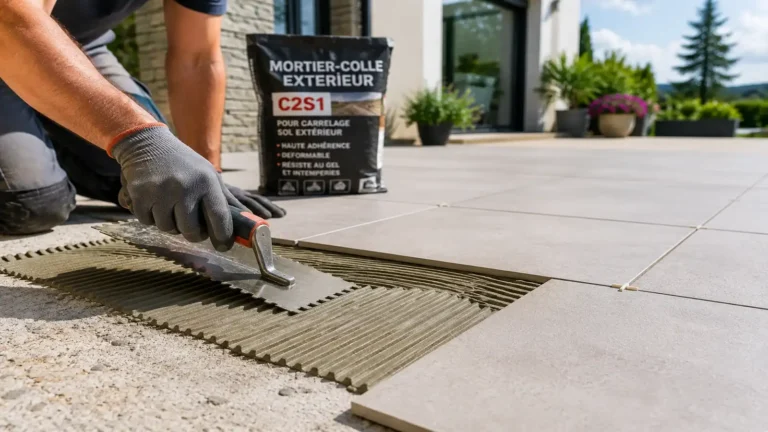 Pose de carrelage extérieur sur une terrasse avec application d’un mortier-colle à l’aide d’une spatule crantée avant la mise en place des carreaux.