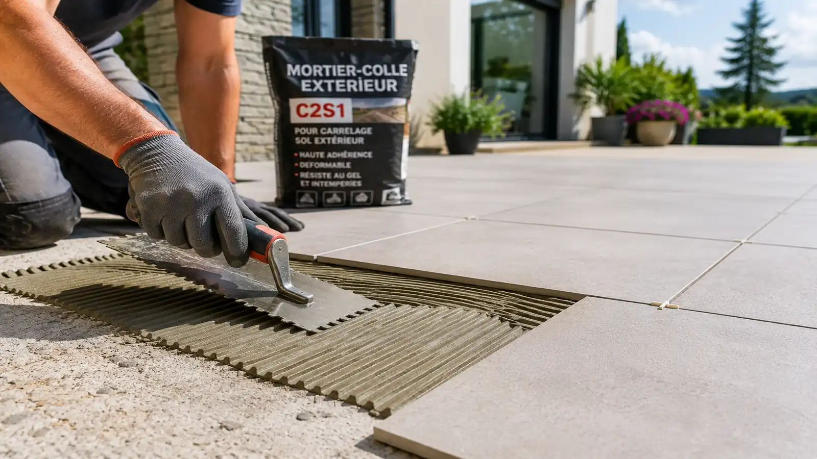Pose de carrelage extérieur sur une terrasse avec application d’un mortier-colle à l’aide d’une spatule crantée avant la mise en place des carreaux.