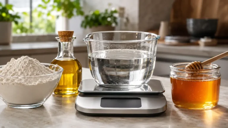 Conversion des kg en litre avec une balance de cuisine et des récipients transparents contenant eau farine huile et miel