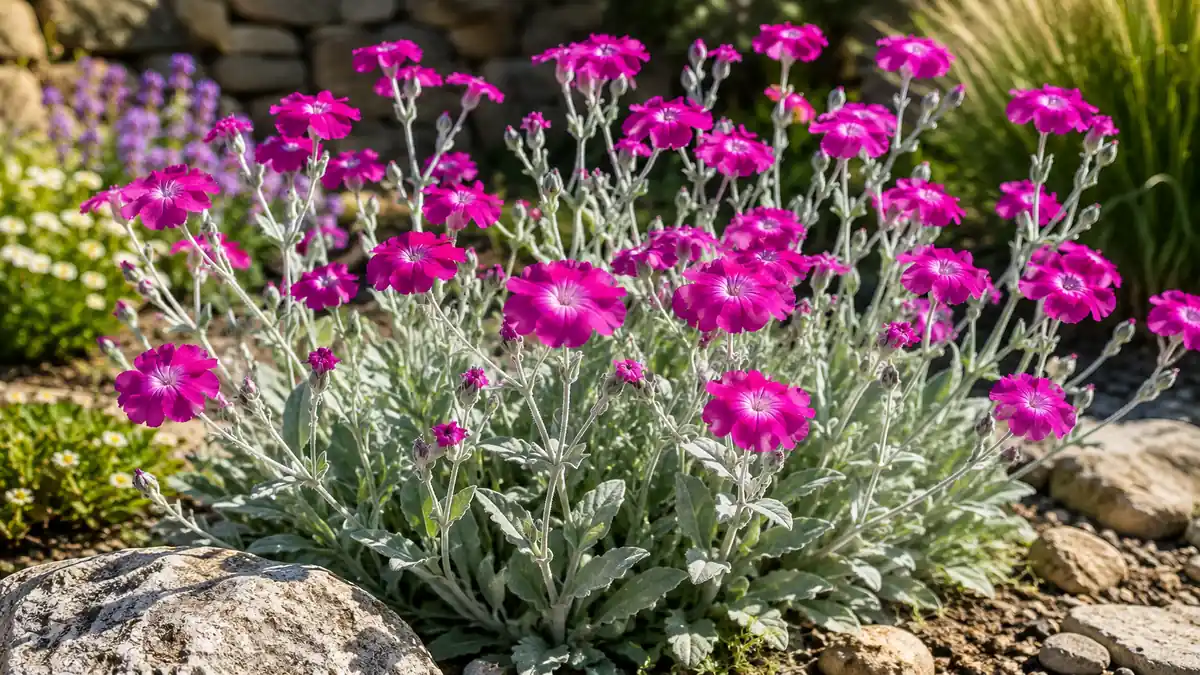Coquelourde des jardins en pleine floraison magenta avec son feuillage argenté dans un massif ensoleillé