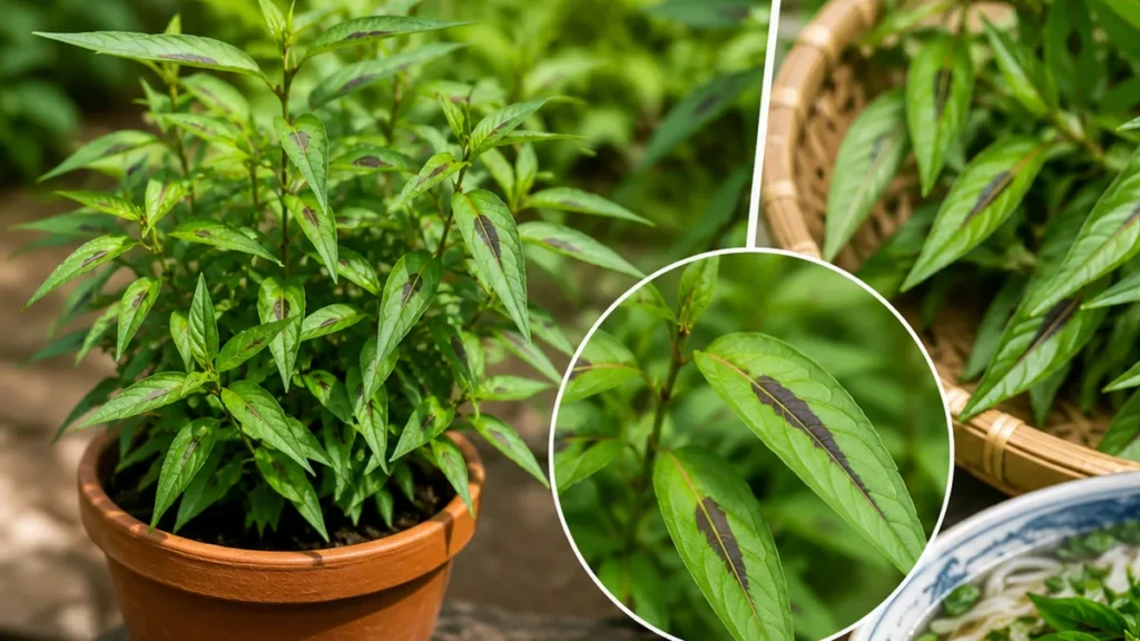 Coriandre vietnamienne cultivée en pot avec son feuillage vert caractéristique dans un jardin lumineux