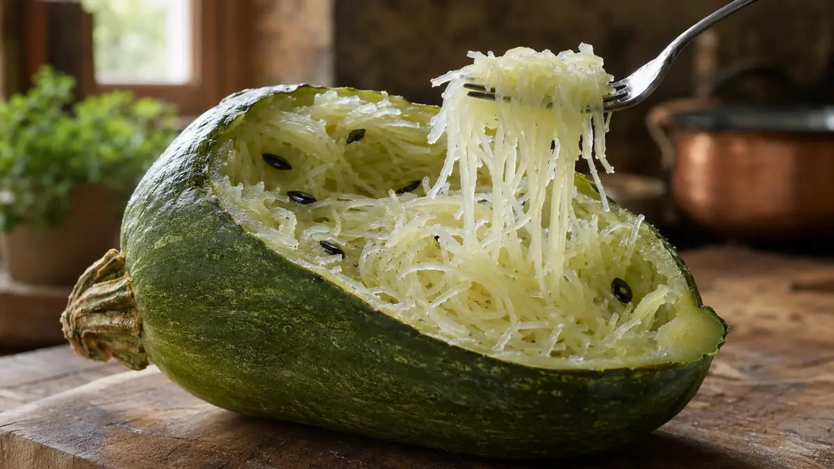 Courge de Siam recette avec chair cuite en filaments cheveux d’ange dans une cuisine rustique