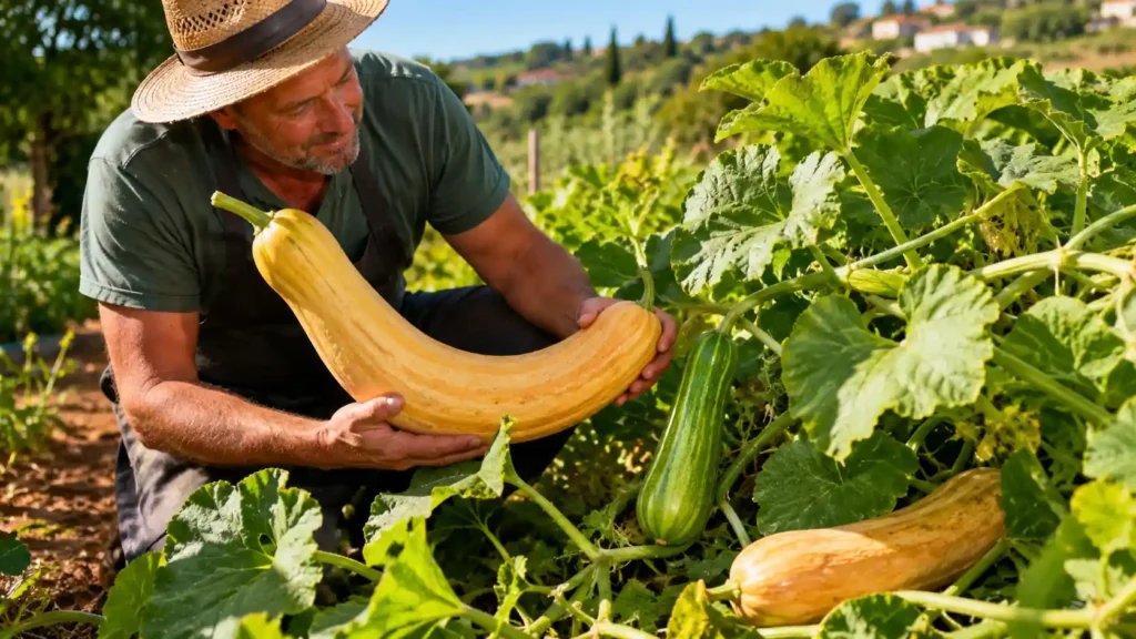 Jardinier récoltant une courge de Nice mûre au milieu des plants dans un potager ensoleillé