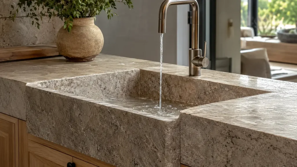 Évier en pierre pour cuisine dans un plan de travail élégant avec texture naturelle et robinet moderne