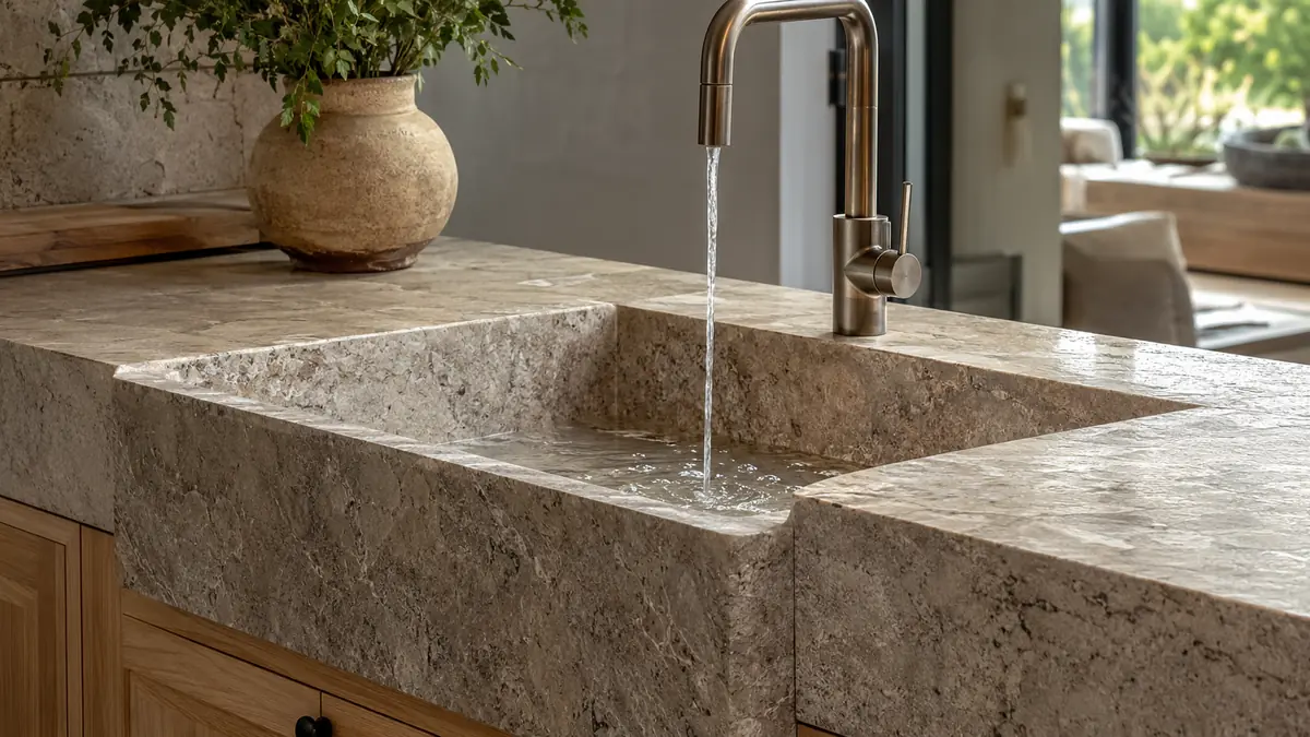 Évier en pierre pour cuisine dans un plan de travail élégant avec texture naturelle et robinet moderne