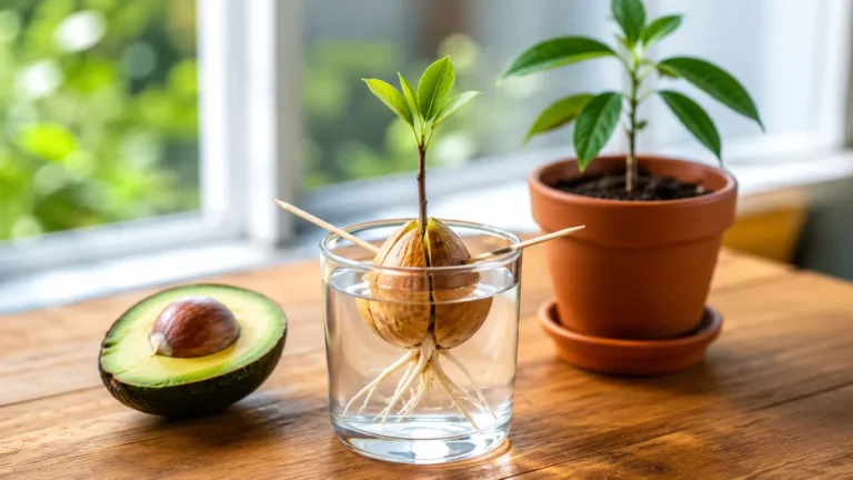 Faire germer un avocat avec un noyau suspendu dans un verre d’eau développant ses racines et sa jeune pousse :::