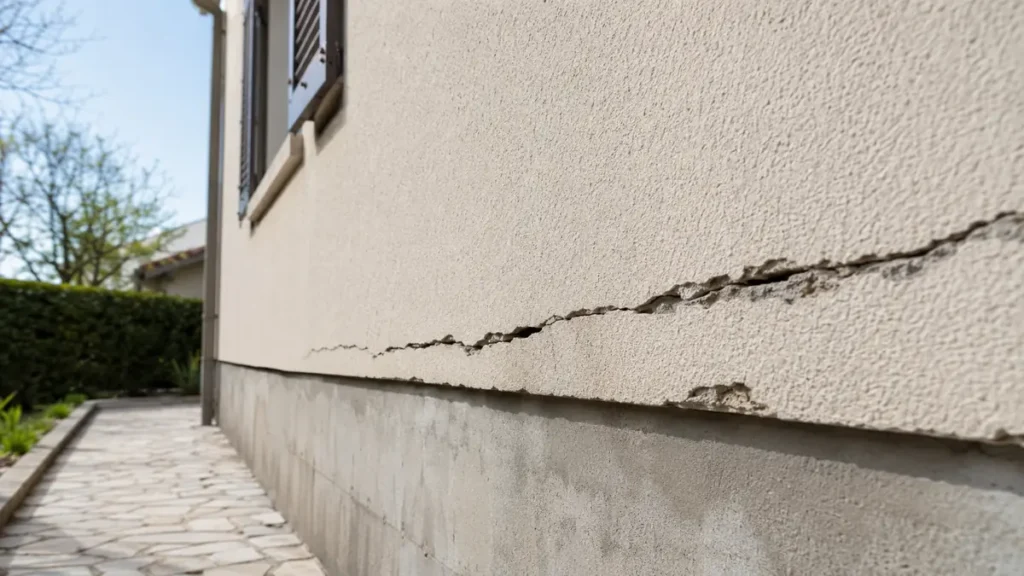Fissure horizontale sur le mur extérieur d’une maison au niveau du soubassement