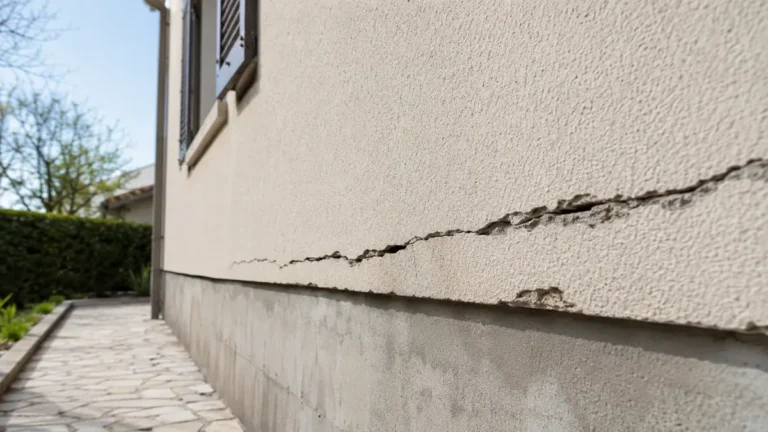 Fissure horizontale sur le mur extérieur d’une maison au niveau du soubassement