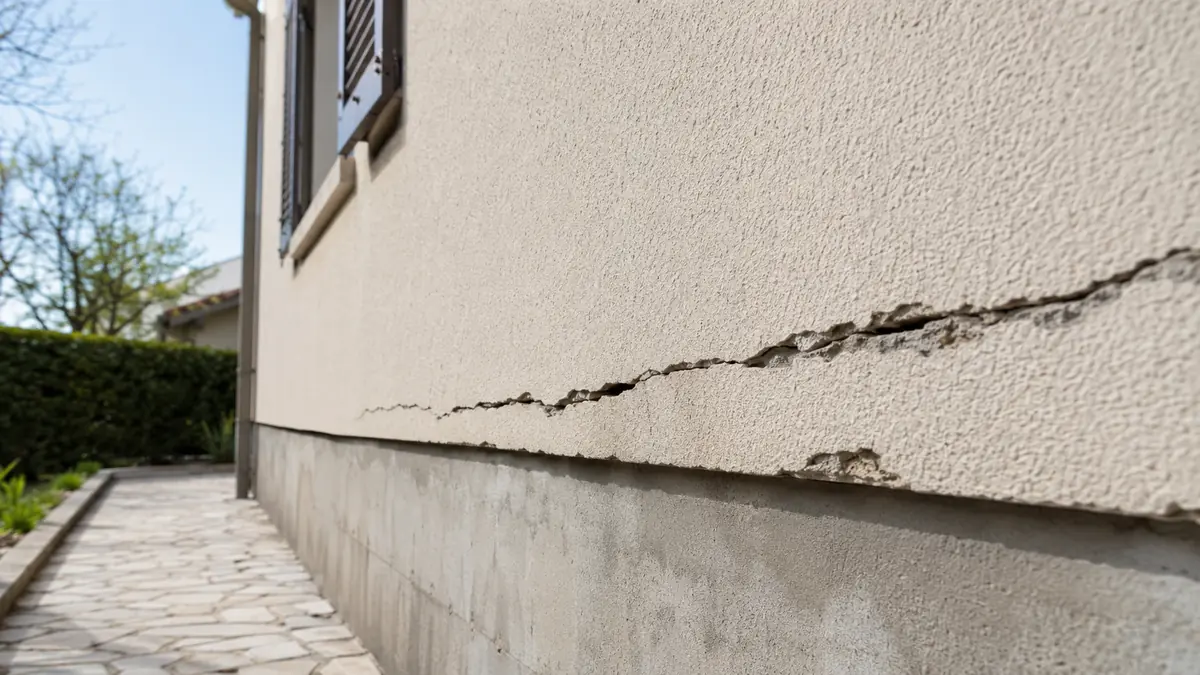 Fissure horizontale sur le mur extérieur d’une maison au niveau du soubassement