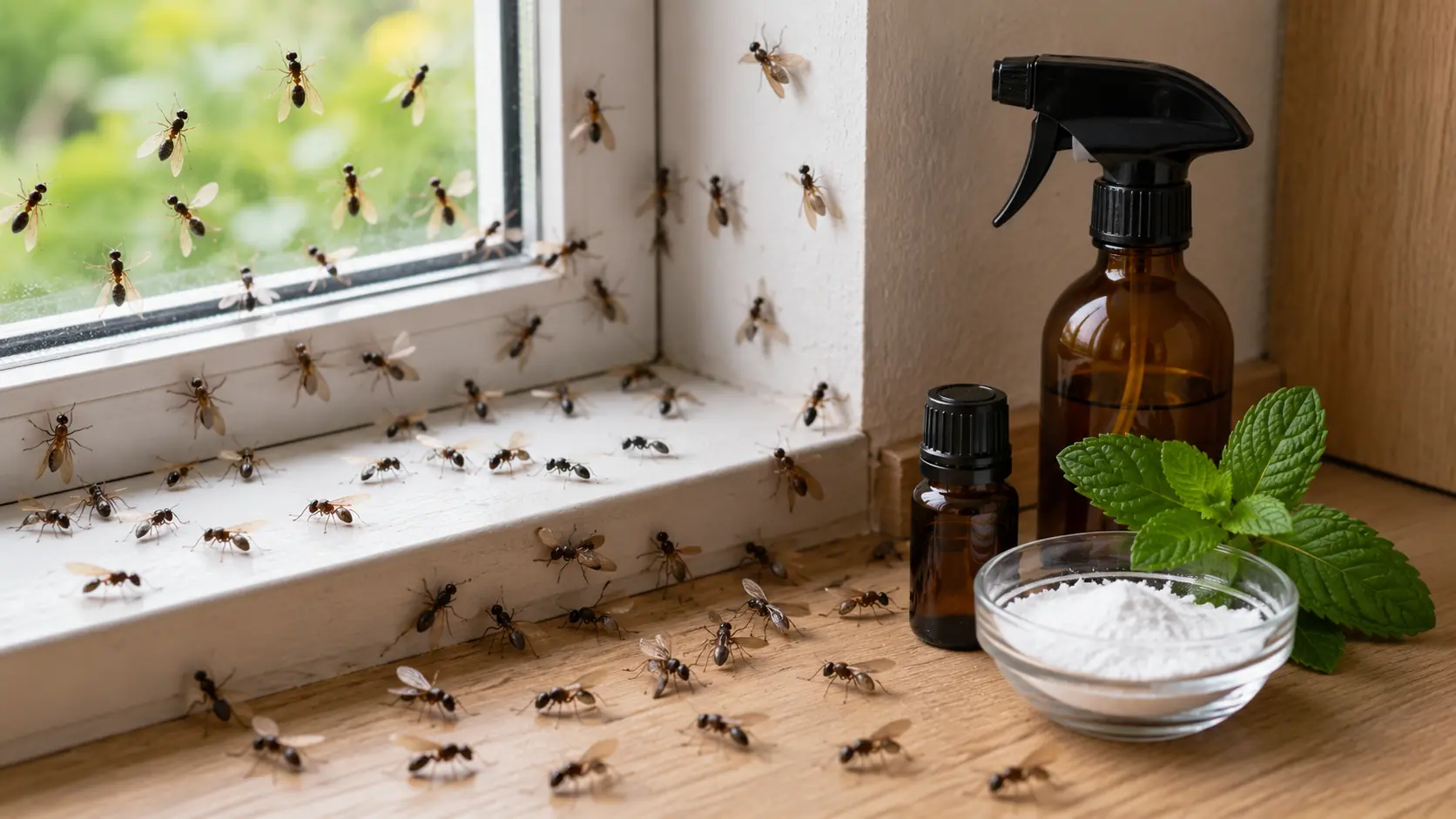 Fourmis volantes dans une maison regroupées près d'une fenêtre avec des solutions naturelles contre leur invasion, comme le vinaigre blanc, la menthe poivrée et la terre de diatomée.