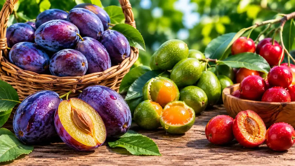 Quetsche et autres fruits en Q présentés dans une composition naturelle sur une table en bois