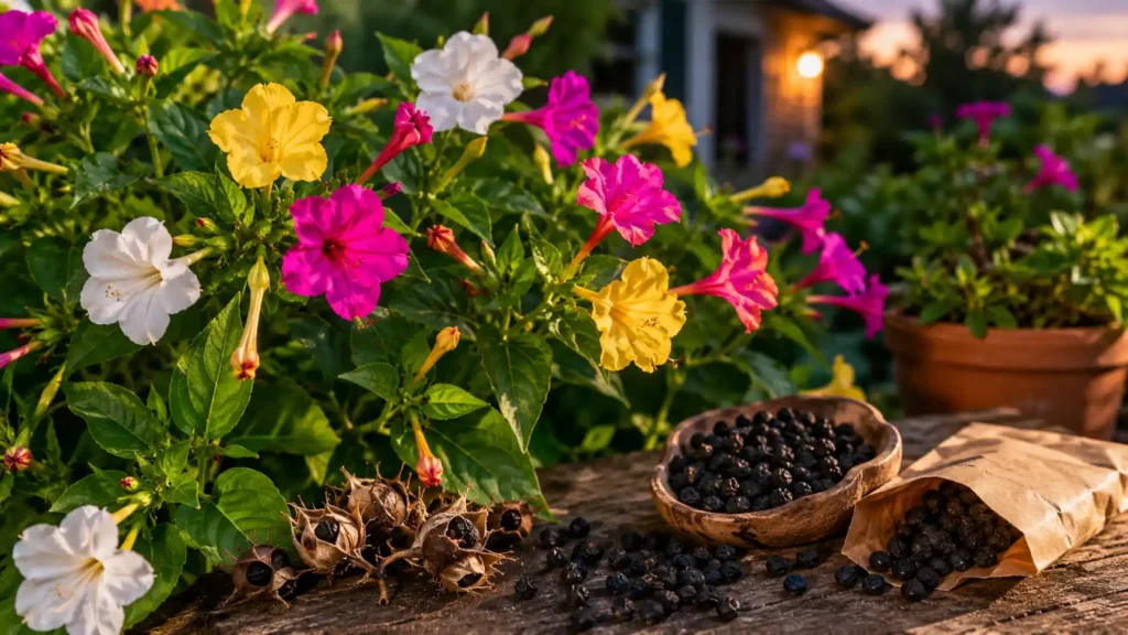 Graines de belle de nuit (Mirabilis jalapa) récoltées à côté de fleurs colorées en pleine floraison dans un jardin au coucher du soleil.