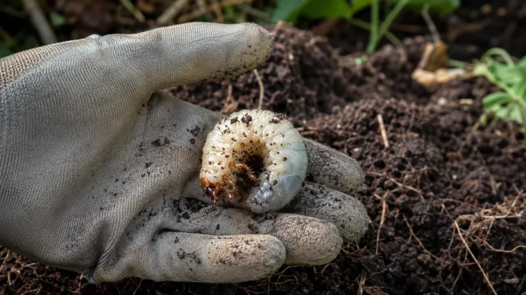 Gros ver blanc dans la terre tenu par un jardinier pour identifier une larve de hanneton ou de cétoine