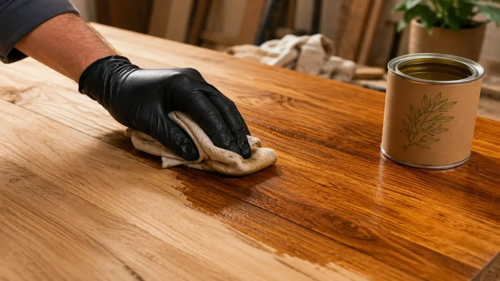 Application d’huile de lin sur une table en bois massif avec un chiffon dans un atelier de menuiserie pour protéger et nourrir le bois.
