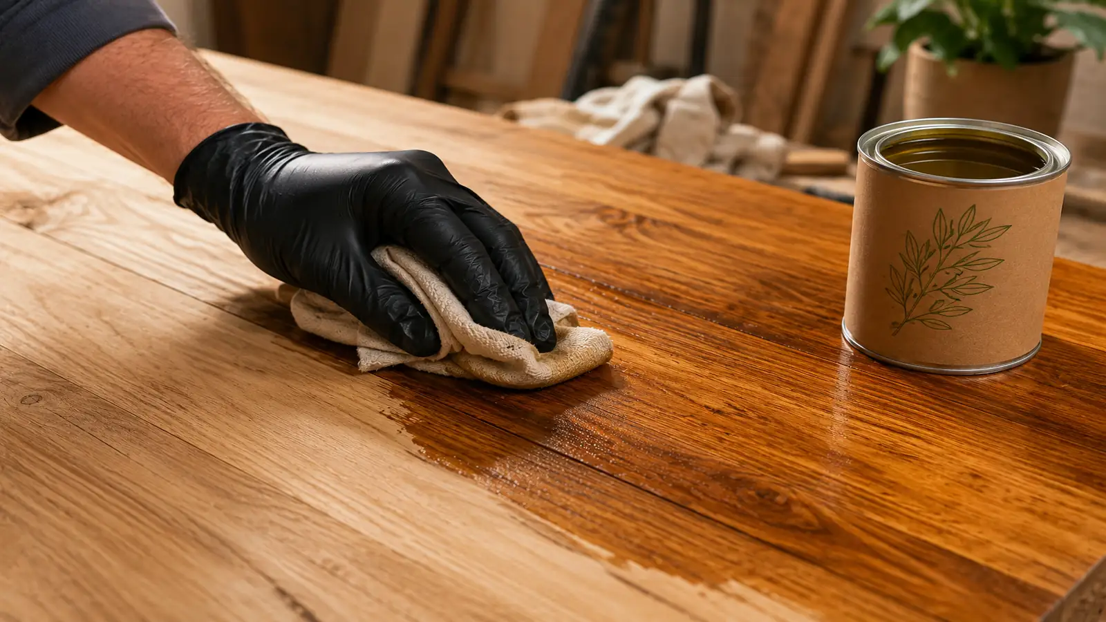 Application d’huile de lin sur une table en bois massif avec un chiffon dans un atelier de menuiserie pour protéger et nourrir le bois.