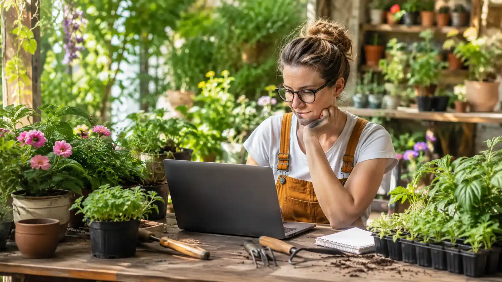 Jardinier consultant un site de jardinage sur un ordinateur portable au milieu de plantes, semis et outils de jardin dans un espace extérieur lumineux.