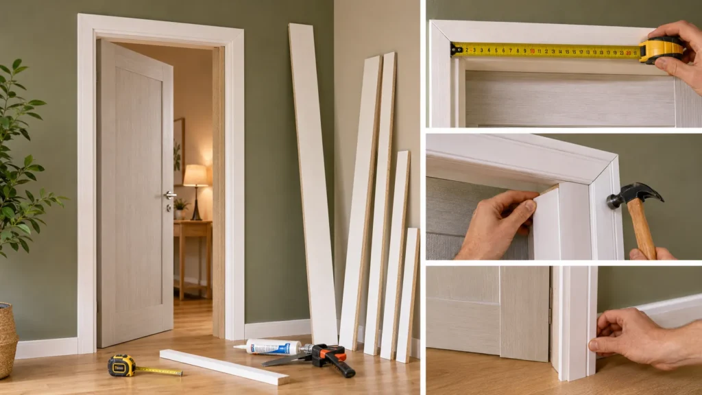 Kit habillage porte intérieure en cours de pose sur un encadrement de porte avec chambranles, couvre-joints et outils de rénovation dans une maison.