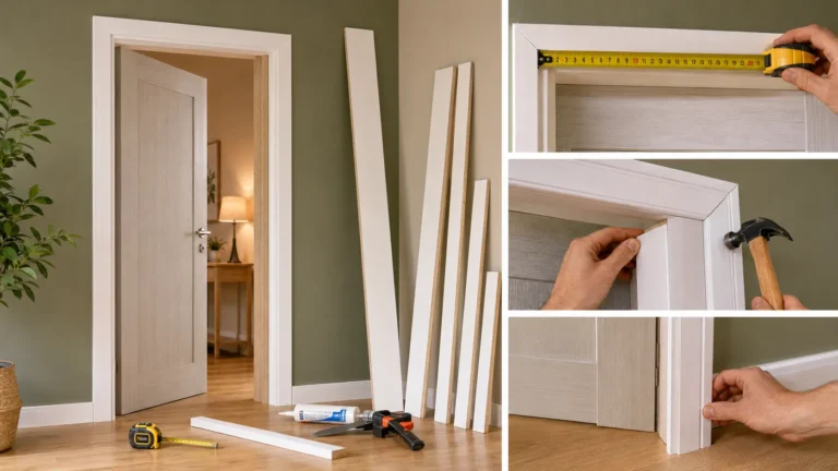 Kit habillage porte intérieure en cours de pose sur un encadrement de porte avec chambranles, couvre-joints et outils de rénovation dans une maison.