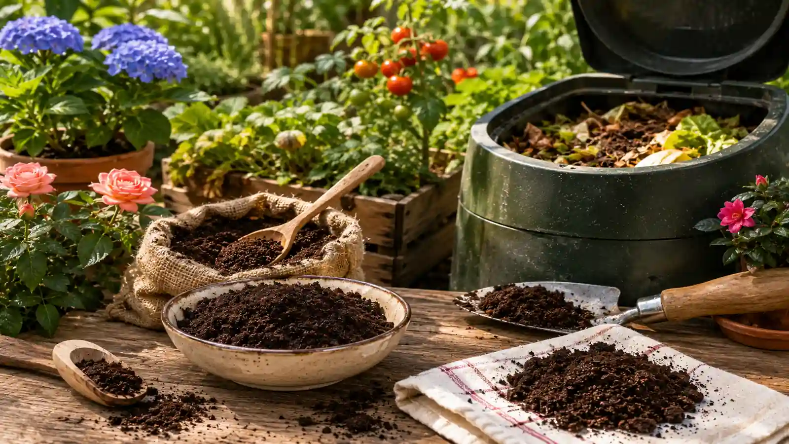 Marc de café réutilisé au jardin avec composteur, plantes fleuries et outils de jardinage sur une table en bois.