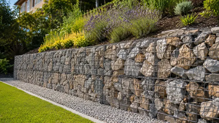 Mur de soutènement en gabion rempli de pierres retenant un talus dans un jardin paysager