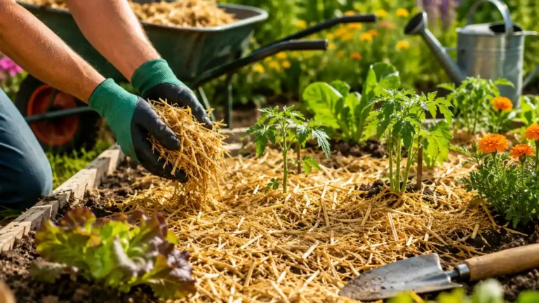 Jardinier appliquant un paillage de paille autour des plants du potager pour protéger le sol et limiter les arrosages