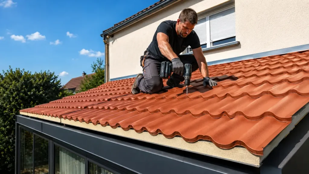Artisan posant un panneau sandwich toiture imitation tuile rouge terre cuite sur une extension de maison en plein soleil
