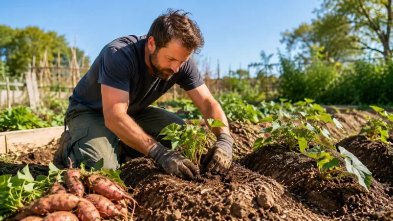 Jardinier plantant des jeunes plants de patate douce sur des buttes pour réussir la culture de la patate douce