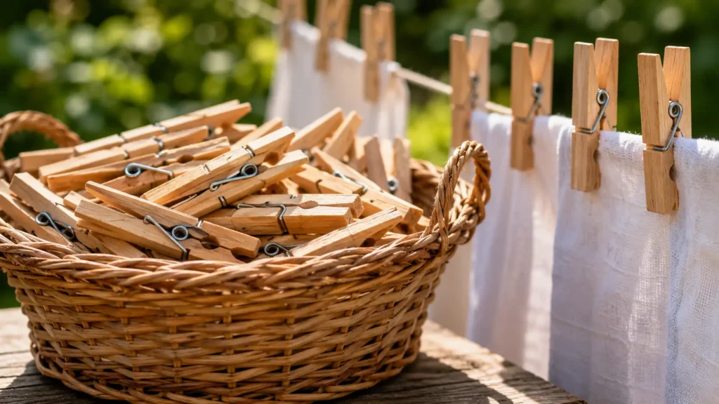 Pince à linge bois avec ressort inox maintenant du linge blanc sur un fil à l'extérieur, avec un panier de pinces en bois dans un jardin ensoleillé.