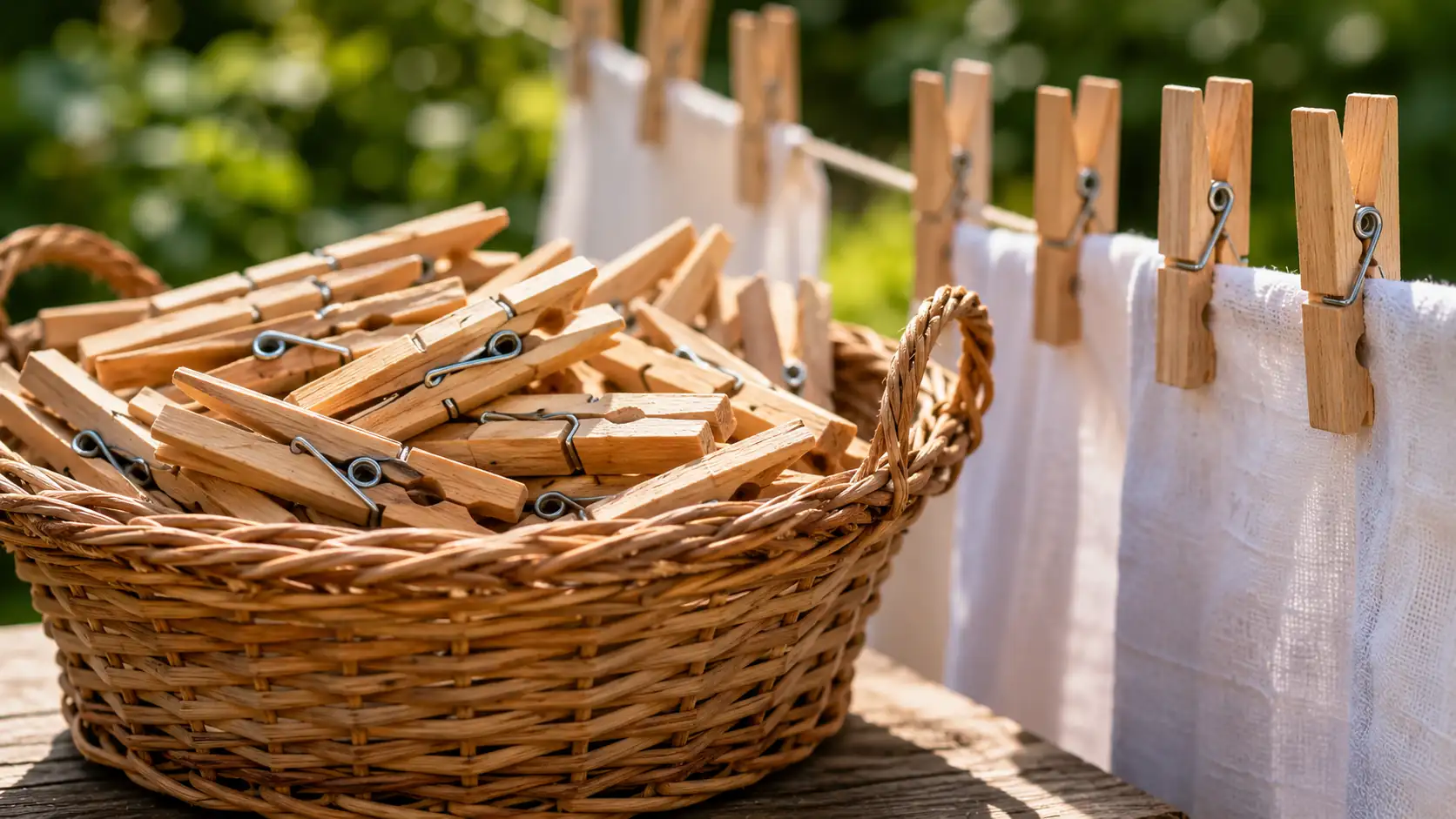 Pince à linge bois avec ressort inox maintenant du linge blanc sur un fil à l'extérieur, avec un panier de pinces en bois dans un jardin ensoleillé.