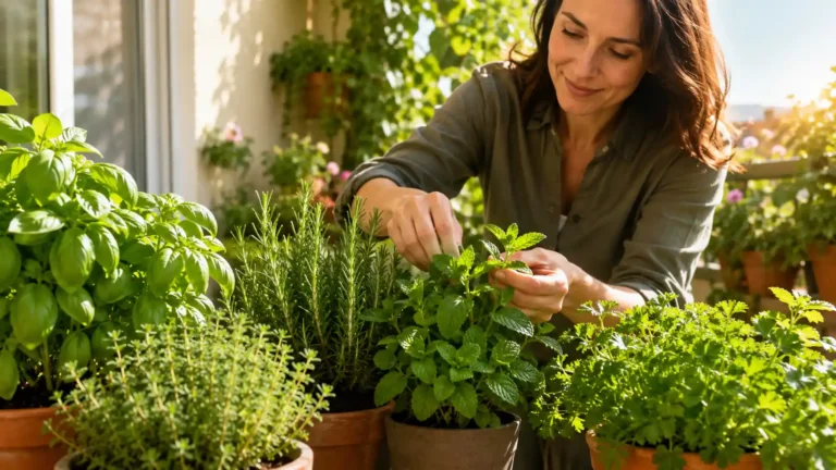 Plante aromatique cultivée en pot sur un balcon ensoleillé avec basilic, thym, romarin, menthe et persil